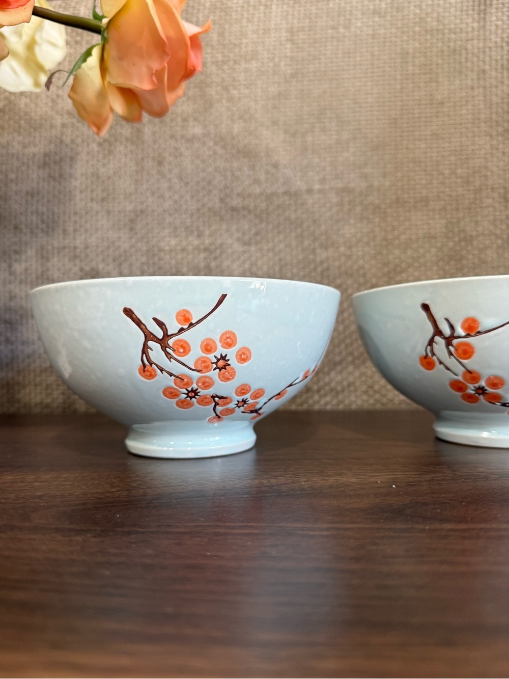 Set of 2 Blue Ceramic Cherry Blossom Bowls